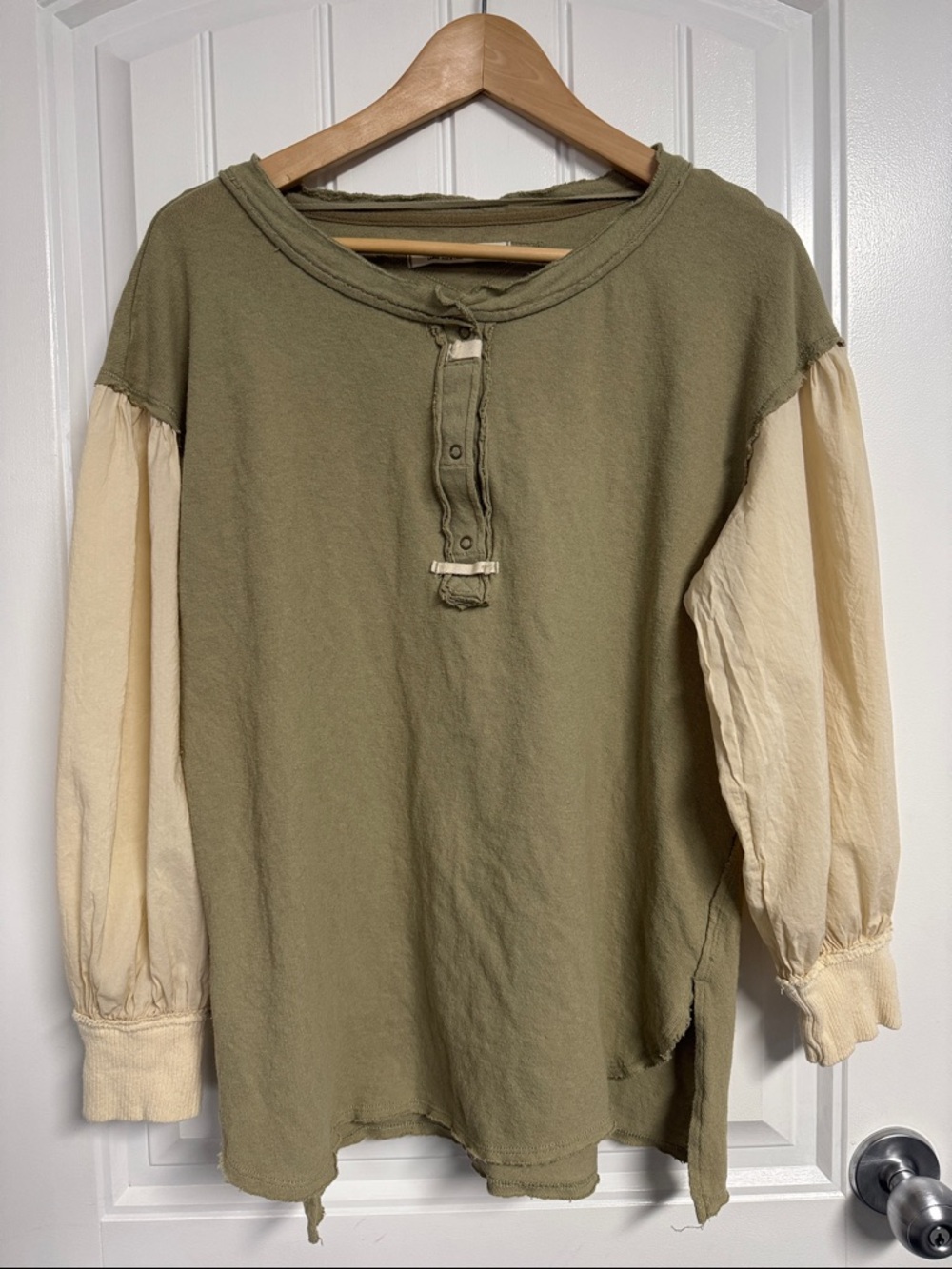 We The Free Olive Green Crewneck Top with Cream Label Detail